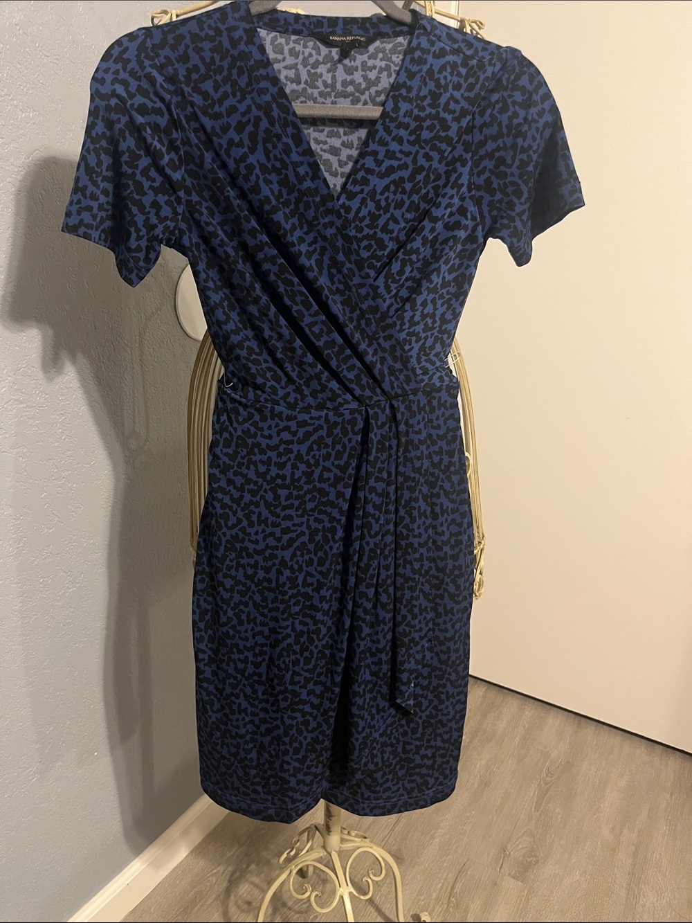 Banana Republic Navy and Black Animal Print Wrap Midi Dress